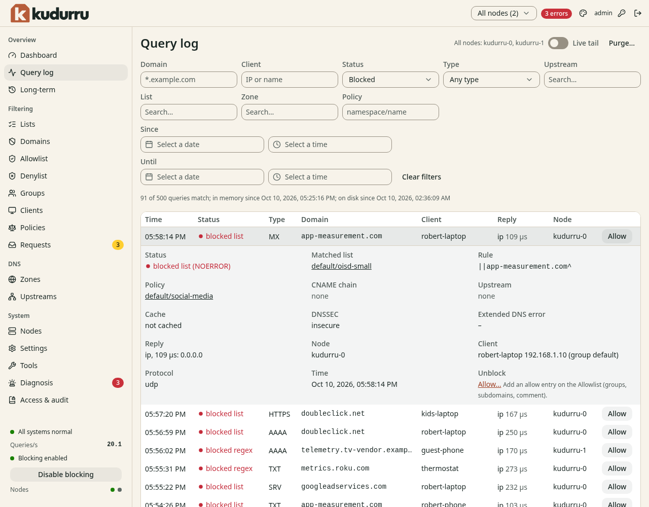 The kudurru Query log page